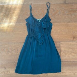 Velvet Heart Brand 100% Silk Teal Ruffle Dress Made in the USA some stains